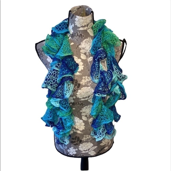 Handmade Teal & Green Crocheted Ruffle Scarf - Picture 2 of 2